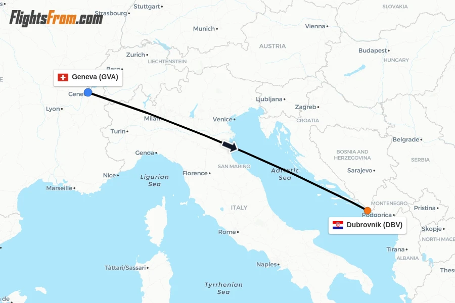 Flights from Geneva to Dubrovnik route map