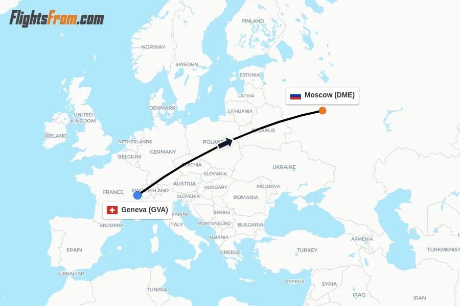 Flights from Geneva to Moscow route map