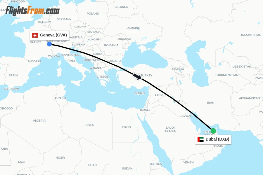 Flights from Geneva to Dubai route map