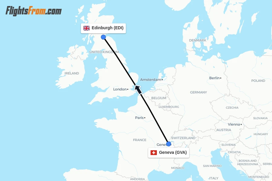 Flights from Geneva to Edinburgh route map
