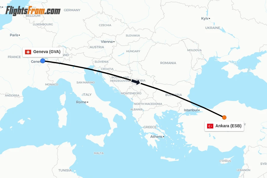 Flights from Geneva to Ankara route map