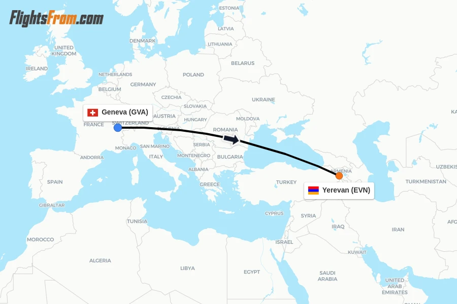 Flights from Geneva to Yerevan route map