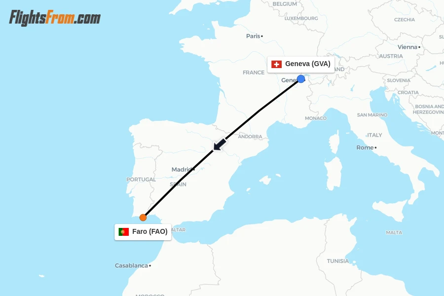 Flights from Geneva to Faro route map