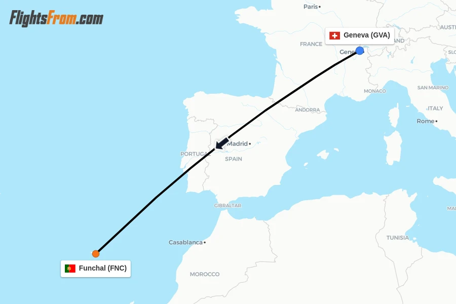 Flights from Geneva to Funchal route map