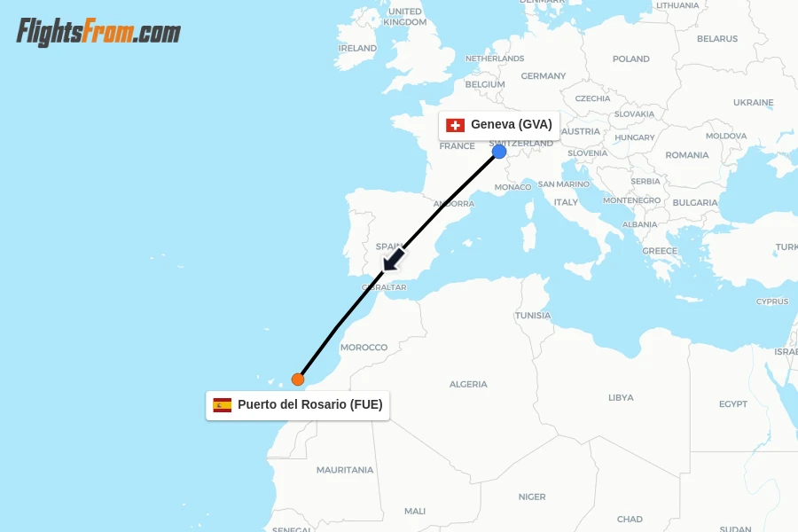 Flights from Geneva to Puerto del Rosario route map