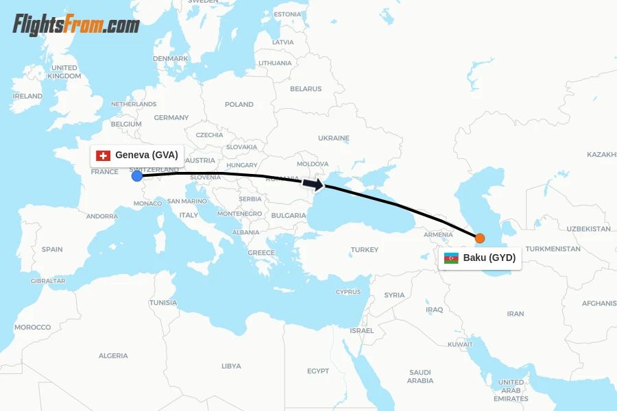 Flights from Geneva to Baku route map