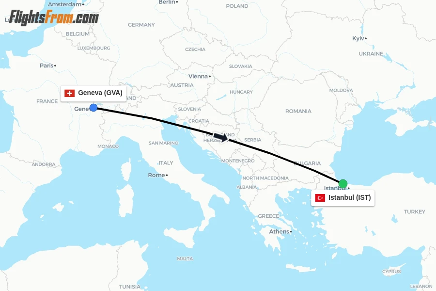 Flights from Geneva to Istanbul route map