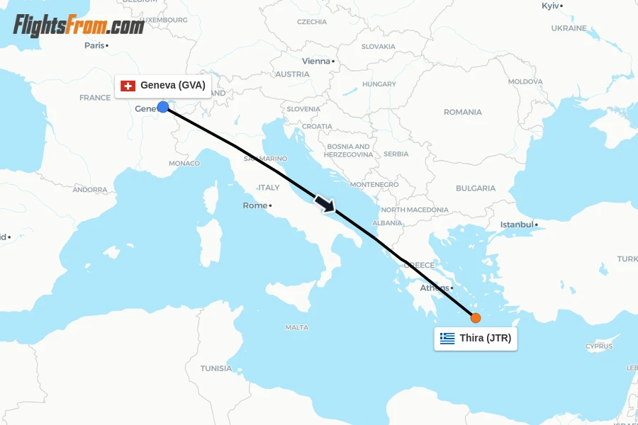 Flights from Geneva to Thira route map