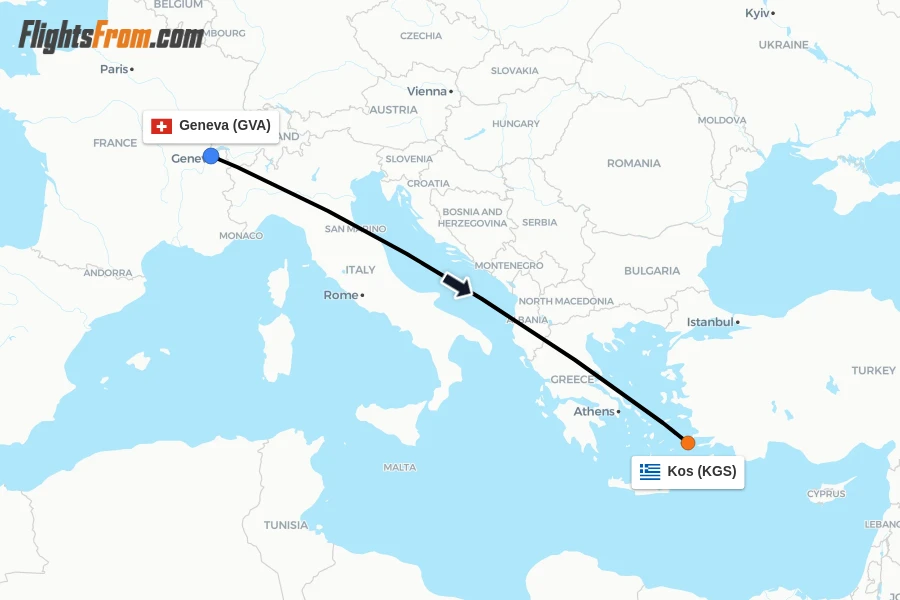 Flights from Geneva to Kos route map