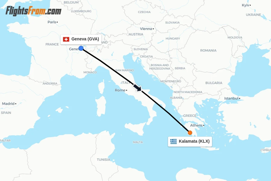 Flights from Geneva to Kalamata route map