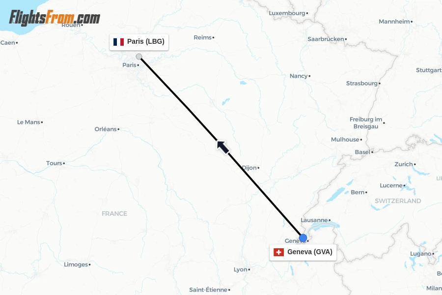 Flights from Geneva to Paris route map