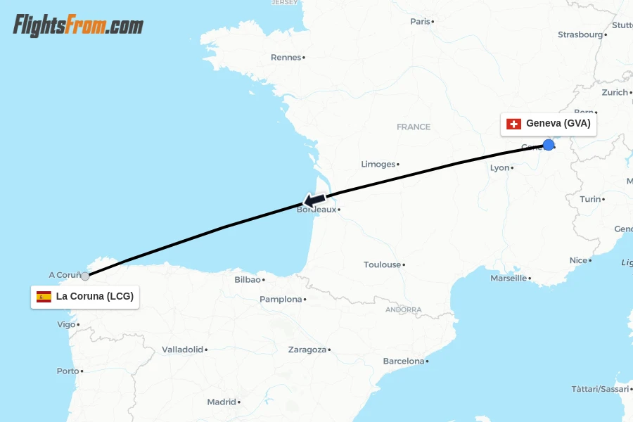 Flights from Geneva to La Coruna route map