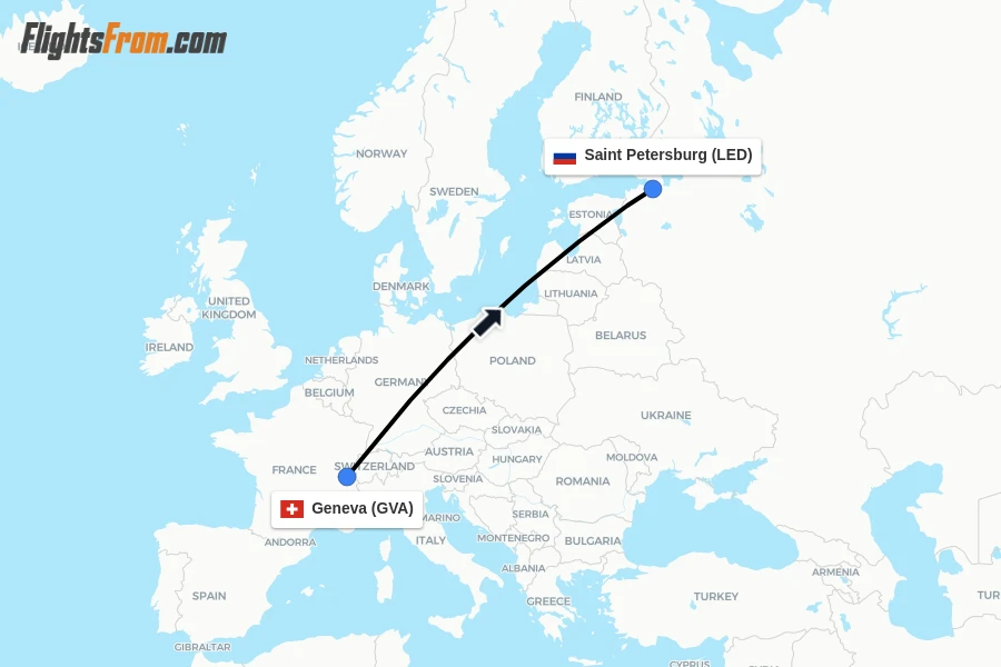 Flights from Geneva to Saint Petersburg route map