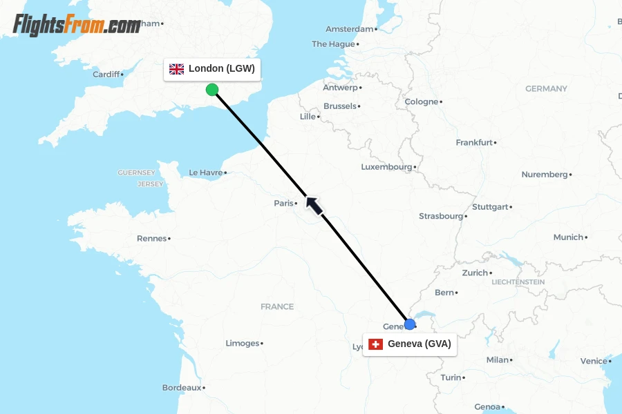 Flights from Geneva to London route map