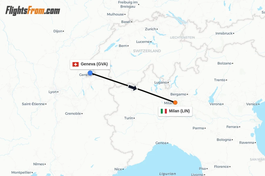 Flights from Geneva to Milan route map