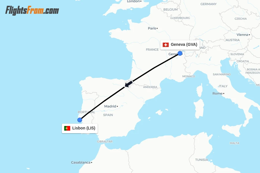 Flights from Geneva to Lisbon route map