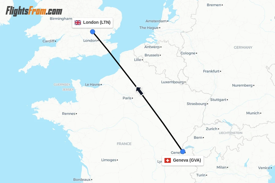 Flights from Geneva to London route map