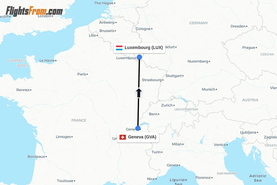 Flights from Geneva to Luxembourg route map