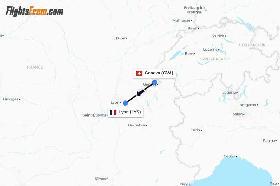 Flights from Geneva to Lyon route map