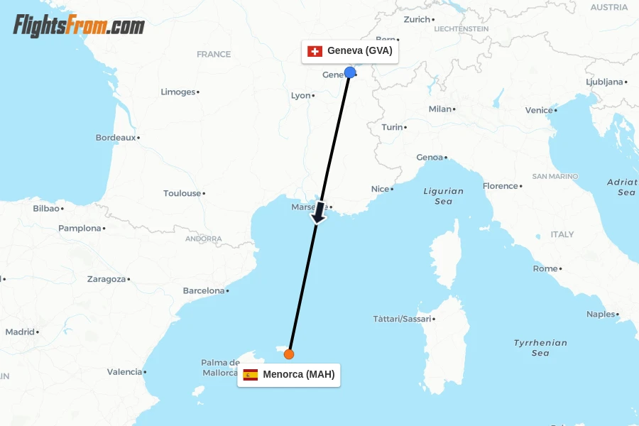 Flights from Geneva to Menorca route map