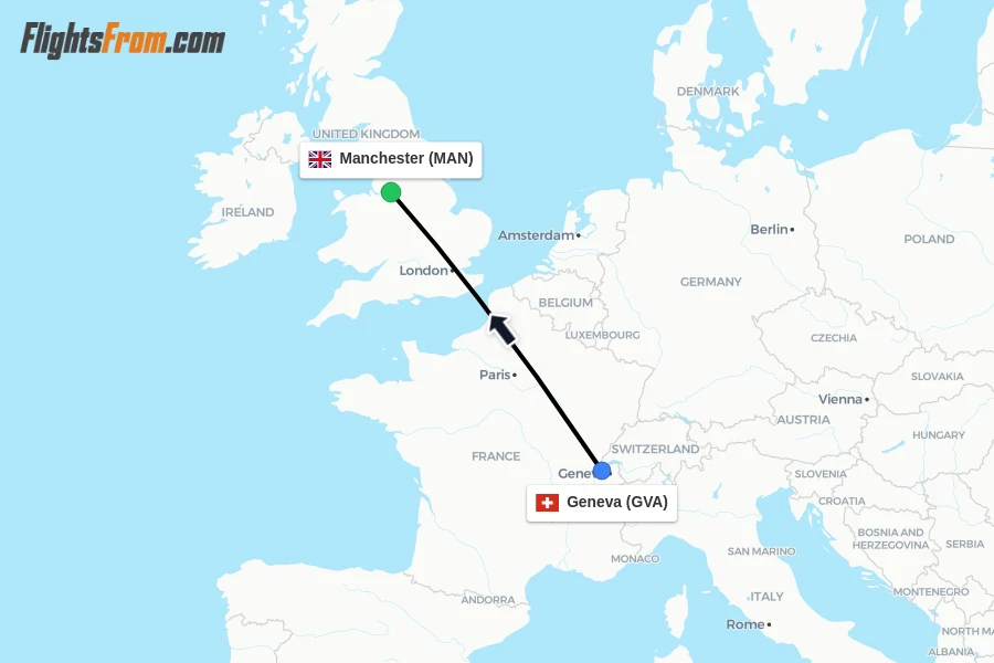 Flights from Geneva to Manchester route map