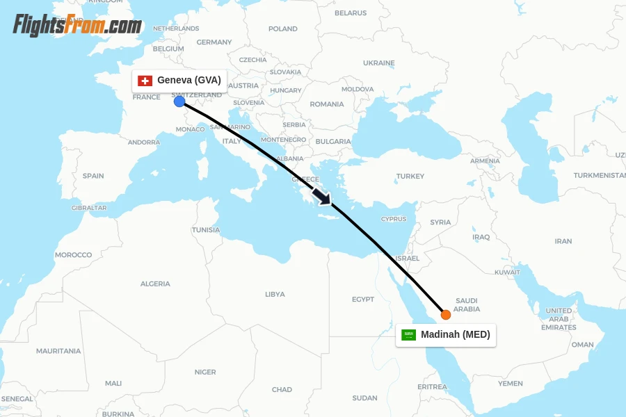 Flights from Geneva to Madinah route map