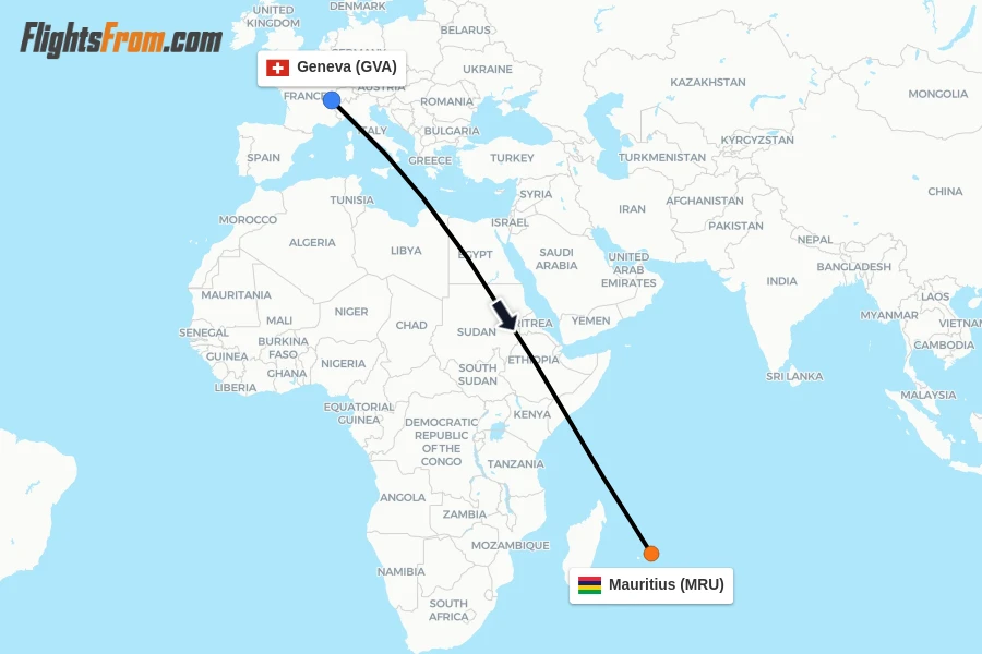 Flights from Geneva to Mauritius route map