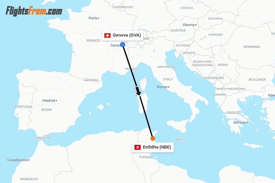 Flights from Geneva to Enfidha route map