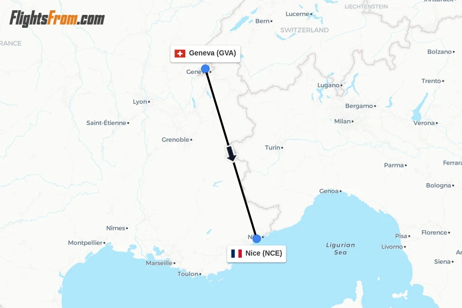 Flights from Geneva to Nice route map