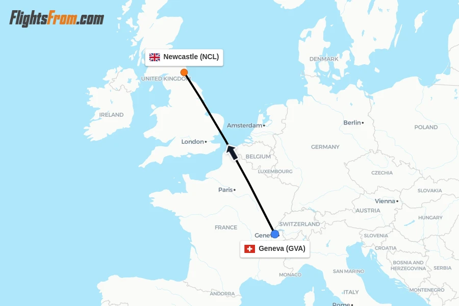 Flights from Geneva to Newcastle route map