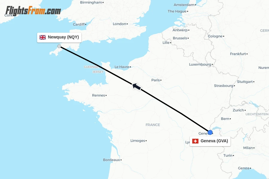 Flights from Geneva to Newquay route map