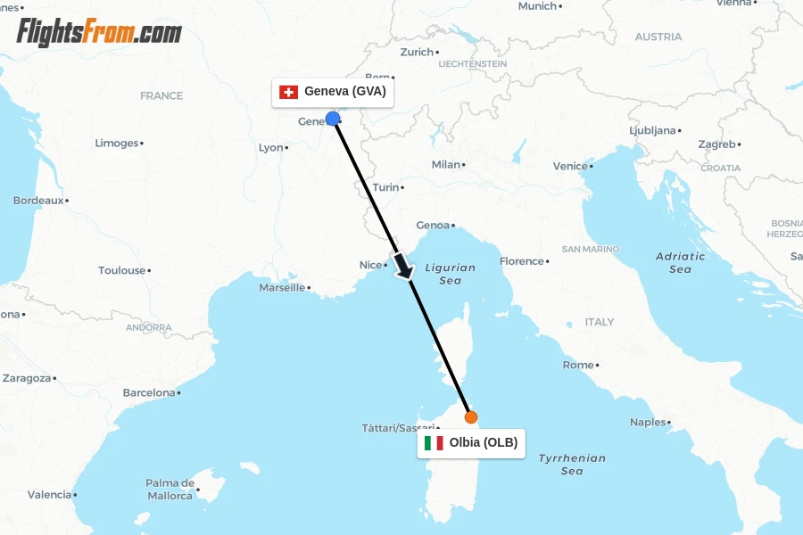 Flights from Geneva to Olbia route map