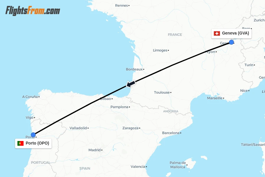 Flights from Geneva to Porto route map