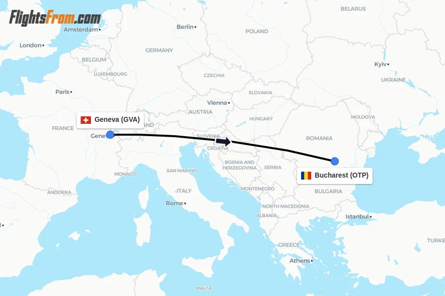 Flights from Geneva to Bucharest route map