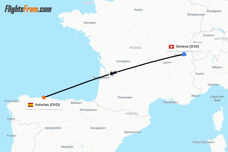 Flights from Geneva to Asturias route map