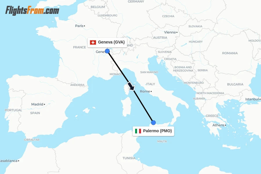 Flights from Geneva to Palermo route map