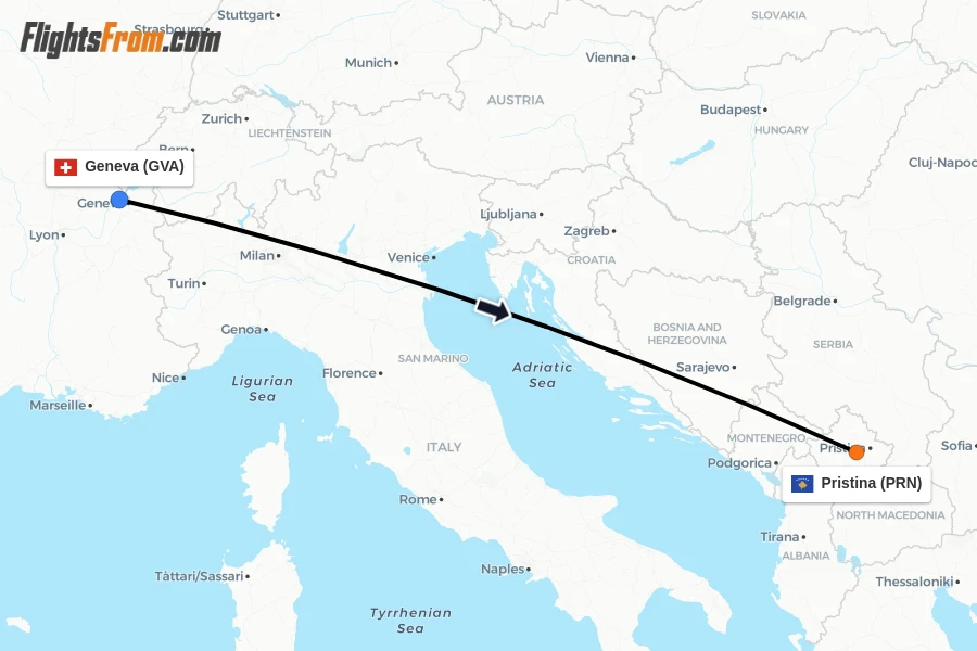 Flights from Geneva to Pristina route map