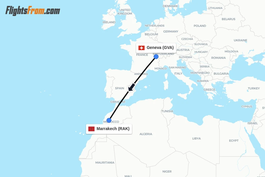 Flights from Geneva to Marrakech route map