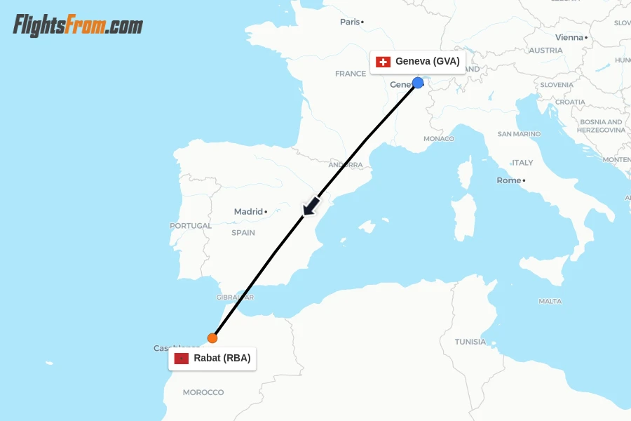 Flights from Geneva to Rabat route map