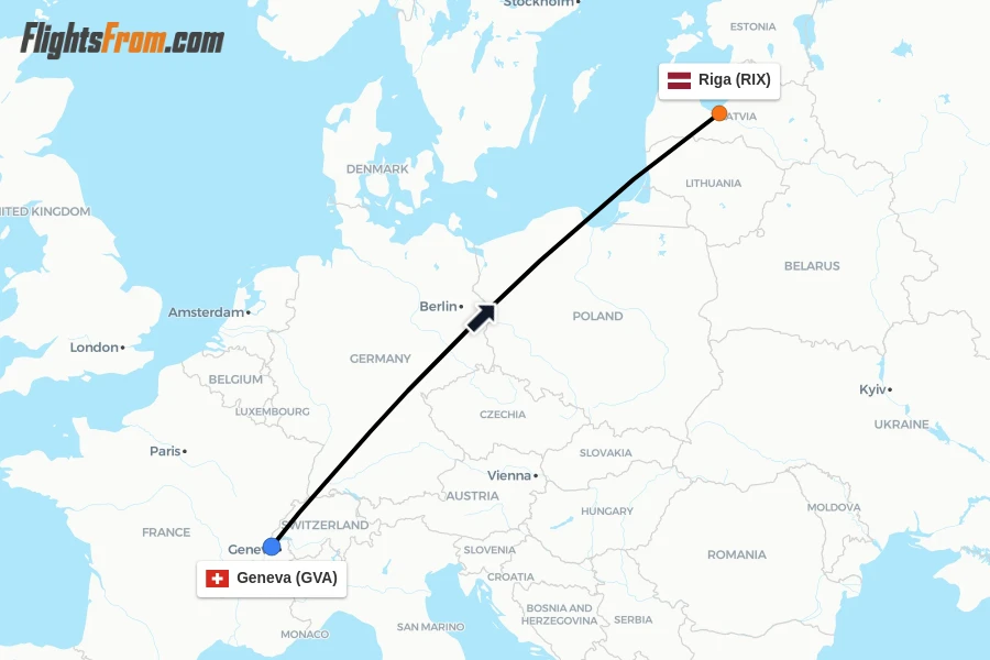 Flights from Geneva to Riga route map