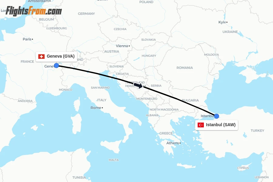 Flights from Geneva to Istanbul route map
