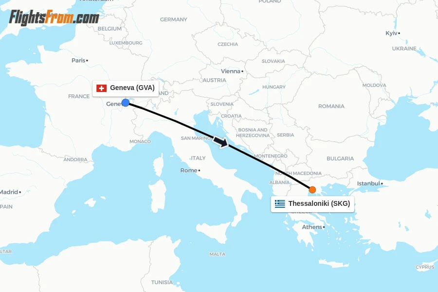 Flights from Geneva to Thessaloniki route map