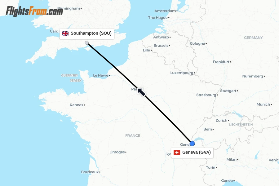 Flights from Geneva to Southampton route map