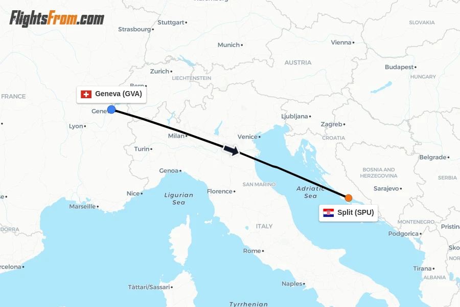 Flights from Geneva to Split route map