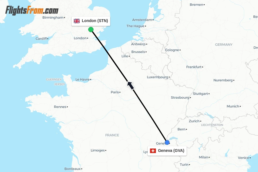 Flights from Geneva to London route map
