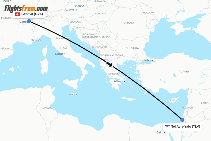 Flights from Geneva to Tel Aviv-Yafo route map