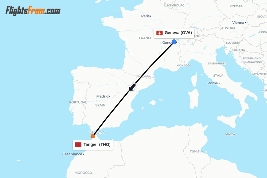 Flights from Geneva to Tangier route map