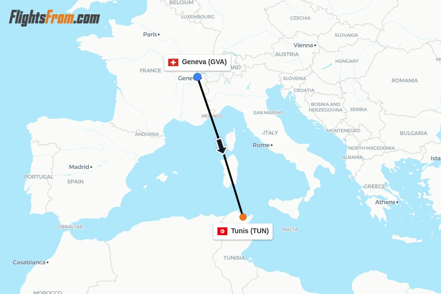 Flights from Geneva to Tunis route map