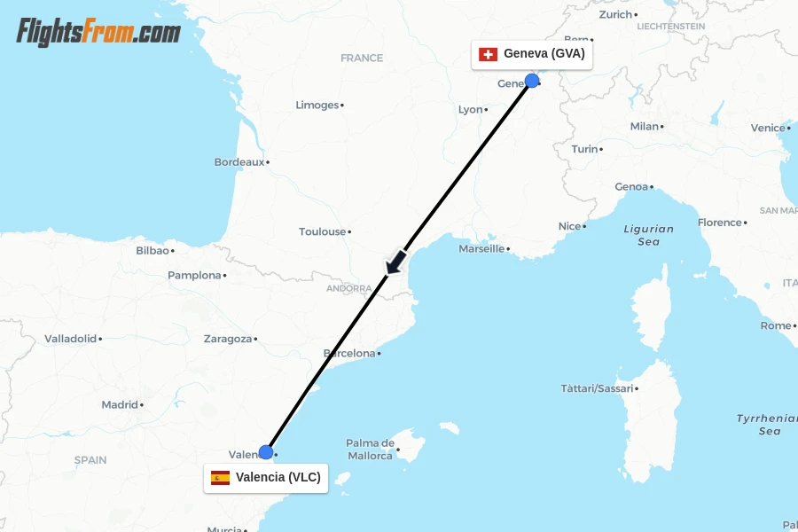Flights from Geneva to Valencia route map