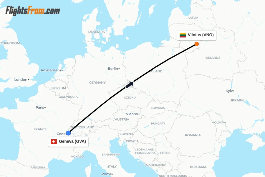 Flights from Geneva to Vilnius route map